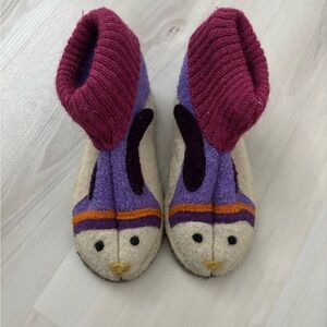 Garnet Hill 100% Wool Kids Owl Slippers - Purple and Cream
